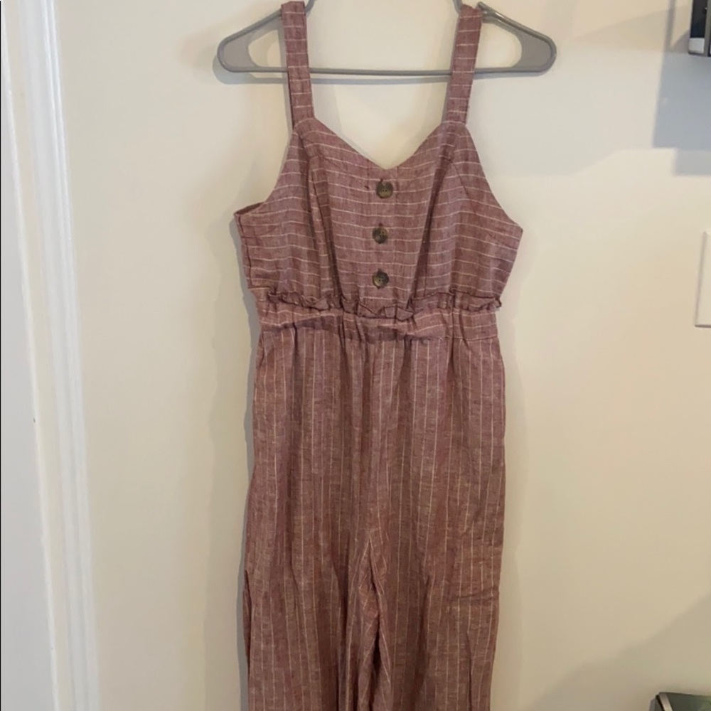 maroon and white striped jumpsuit
